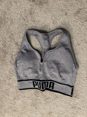 Puma Heather Gray Racerback Sports Bra with Black Logo Band